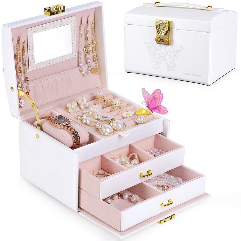 NEW 3 Layer Jewelry Box White with Mirror PU Leather Bracelet Earring Storage